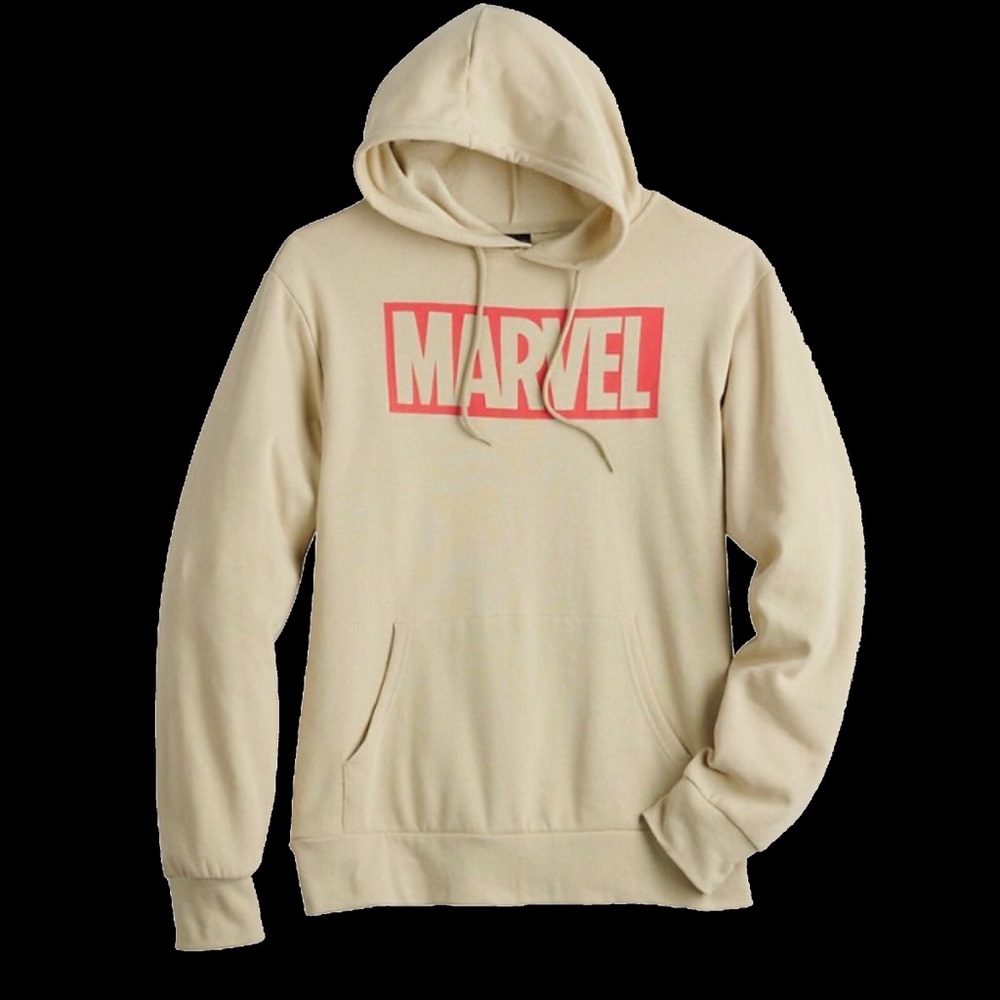 Marvel Hoodie Pullover Red Logo Sand Beige Medium Weight Mens SMALL & Medium NEW